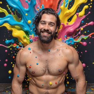 Paint Splat Fun - AI Photos of Hot men having fun with body paint. AI-generated abstract art featuring beautiful, handsome, sexy, shirtless, men, boys, lads, full of excitement joy and fun, covered in body paint, dynamic, interactive, Combining elements of realism with surreal abstract qualities, showcasing the potential of AI, in artistic expression. Photos of guys, just smiling, happy, and having a good time. Most of them are smiling because a paint bomb just blow up next to them, so I'm calling is Abstract Art. When paint attacks and makes people happy, it's Art!