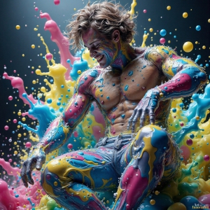 Paint Splat Fun - AI Photos of Hot men having fun with body paint. AI-generated abstract art featuring beautiful, handsome, sexy, shirtless, men, boys, lads, full of excitement joy and fun, covered in body paint, dynamic, interactive, Combining elements of realism with surreal abstract qualities, showcasing the potential of AI, in artistic expression. Photos of guys, just smiling, happy, and having a good time. Most of them are smiling because a paint bomb just blow up next to them, so I'm calling is Abstract Art. When paint attacks and makes people happy, it's Art!