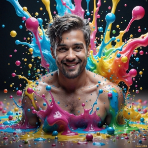 Paint Splat Fun - AI Photos of Hot men having fun with body paint. AI-generated abstract art featuring beautiful, handsome, sexy, shirtless, men, boys, lads, full of excitement joy and fun, covered in body paint, dynamic, interactive, Combining elements of realism with surreal abstract qualities, showcasing the potential of AI, in artistic expression. Photos of guys, just smiling, happy, and having a good time. Most of them are smiling because a paint bomb just blow up next to them, so I'm calling is Abstract Art. When paint attacks and makes people happy, it's Art!