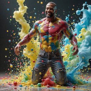 Paint Splat Fun - AI Photos of Hot men having fun with body paint. AI-generated abstract art featuring beautiful, handsome, sexy, shirtless, men, boys, lads, full of excitement joy and fun, covered in body paint, dynamic, interactive, Combining elements of realism with surreal abstract qualities, showcasing the potential of AI, in artistic expression. Photos of guys, just smiling, happy, and having a good time. Most of them are smiling because a paint bomb just blow up next to them, so I'm calling is Abstract Art. When paint attacks and makes people happy, it's Art!
