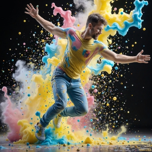 Paint Splat Fun - AI Photos of Hot men having fun with body paint. AI-generated abstract art featuring beautiful, handsome, sexy, shirtless, men, boys, lads, full of excitement joy and fun, covered in body paint, dynamic, interactive, Combining elements of realism with surreal abstract qualities, showcasing the potential of AI, in artistic expression. Photos of guys, just smiling, happy, and having a good time. Most of them are smiling because a paint bomb just blow up next to them, so I'm calling is Abstract Art. When paint attacks and makes people happy, it's Art!