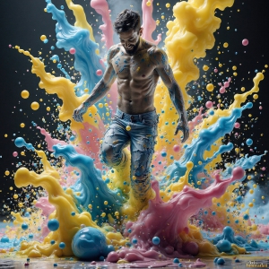 Paint Splat Fun - AI Photos of Hot men having fun with body paint. AI-generated abstract art featuring beautiful, handsome, sexy, shirtless, men, boys, lads, full of excitement joy and fun, covered in body paint, dynamic, interactive, Combining elements of realism with surreal abstract qualities, showcasing the potential of AI, in artistic expression. Photos of guys, just smiling, happy, and having a good time. Most of them are smiling because a paint bomb just blow up next to them, so I'm calling is Abstract Art. When paint attacks and makes people happy, it's Art!