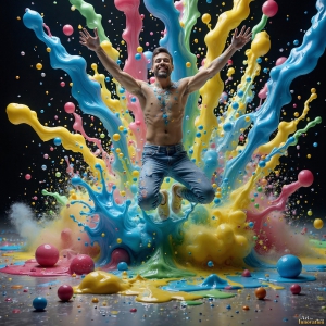 Paint Splat Fun - AI Photos of Hot men having fun with body paint. AI-generated abstract art featuring beautiful, handsome, sexy, shirtless, men, boys, lads, full of excitement joy and fun, covered in body paint, dynamic, interactive, Combining elements of realism with surreal abstract qualities, showcasing the potential of AI, in artistic expression. Photos of guys, just smiling, happy, and having a good time. Most of them are smiling because a paint bomb just blow up next to them, so I'm calling is Abstract Art. When paint attacks and makes people happy, it's Art!