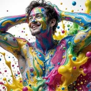 Paint Splat Fun - AI Photos of Hot men having fun with body paint. AI-generated abstract art featuring beautiful, handsome, sexy, shirtless, men, boys, lads, full of excitement joy and fun, covered in body paint, dynamic, interactive, Combining elements of realism with surreal abstract qualities, showcasing the potential of AI, in artistic expression. Photos of guys, just smiling, happy, and having a good time. Most of them are smiling because a paint bomb just blow up next to them, so I'm calling is Abstract Art. When paint attacks and makes people happy, it's Art!