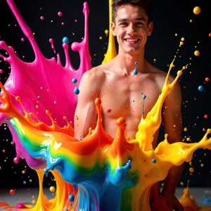 Paint Splat Fun - AI Photos of Hot men having fun with body paint. AI-generated abstract art featuring beautiful, handsome, sexy, shirtless, men, boys, lads, full of excitement joy and fun, covered in body paint, dynamic, interactive, Combining elements of realism with surreal abstract qualities, showcasing the potential of AI, in artistic expression. Photos of guys, just smiling, happy, and having a good time. Most of them are smiling because a paint bomb just blow up next to them, so I'm calling is Abstract Art. When paint attacks and makes people happy, it's Art!