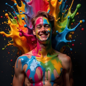 Paint Splat Fun - AI Photos of Hot men having fun with body paint. AI-generated abstract art featuring beautiful, handsome, sexy, shirtless, men, boys, lads, full of excitement joy and fun, covered in body paint, dynamic, interactive, Combining elements of realism with surreal abstract qualities, showcasing the potential of AI, in artistic expression. Photos of guys, just smiling, happy, and having a good time. Most of them are smiling because a paint bomb just blow up next to them, so I'm calling is Abstract Art. When paint attacks and makes people happy, it's Art!