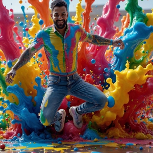 Paint Splat Fun - AI Photos of Hot men having fun with body paint. AI-generated abstract art featuring beautiful, handsome, sexy, shirtless, men, boys, lads, full of excitement joy and fun, covered in body paint, dynamic, interactive, Combining elements of realism with surreal abstract qualities, showcasing the potential of AI, in artistic expression. Photos of guys, just smiling, happy, and having a good time. Most of them are smiling because a paint bomb just blow up next to them, so I'm calling is Abstract Art. When paint attacks and makes people happy, it's Art!