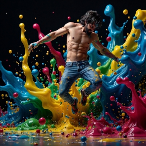 Paint Splat Fun - AI Photos of Hot men having fun with body paint. AI-generated abstract art featuring beautiful, handsome, sexy, shirtless, men, boys, lads, full of excitement joy and fun, covered in body paint, dynamic, interactive, Combining elements of realism with surreal abstract qualities, showcasing the potential of AI, in artistic expression. Photos of guys, just smiling, happy, and having a good time. Most of them are smiling because a paint bomb just blow up next to them, so I'm calling is Abstract Art. When paint attacks and makes people happy, it's Art!
