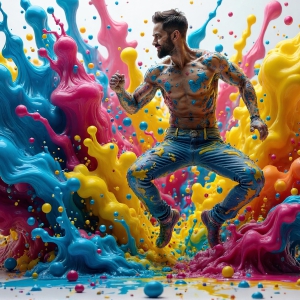 Paint Splat Fun - AI Photos of Hot men having fun with body paint. AI-generated abstract art featuring beautiful, handsome, sexy, shirtless, men, boys, lads, full of excitement joy and fun, covered in body paint, dynamic, interactive, Combining elements of realism with surreal abstract qualities, showcasing the potential of AI, in artistic expression. Photos of guys, just smiling, happy, and having a good time. Most of them are smiling because a paint bomb just blow up next to them, so I'm calling is Abstract Art. When paint attacks and makes people happy, it's Art!