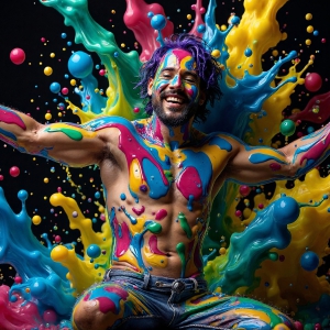 Paint Splat Fun - AI Photos of Hot men having fun with body paint. AI-generated abstract art featuring beautiful, handsome, sexy, shirtless, men, boys, lads, full of excitement joy and fun, covered in body paint, dynamic, interactive, Combining elements of realism with surreal abstract qualities, showcasing the potential of AI, in artistic expression. Photos of guys, just smiling, happy, and having a good time. Most of them are smiling because a paint bomb just blow up next to them, so I'm calling is Abstract Art. When paint attacks and makes people happy, it's Art!