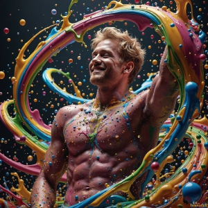 Paint Splat Fun - AI Photos of Hot men having fun with body paint. AI-generated abstract art featuring beautiful, handsome, sexy, shirtless, men, boys, lads, full of excitement joy and fun, covered in body paint, dynamic, interactive, Combining elements of realism with surreal abstract qualities, showcasing the potential of AI, in artistic expression. Photos of guys, just smiling, happy, and having a good time. Most of them are smiling because a paint bomb just blow up next to them, so I'm calling is Abstract Art. When paint attacks and makes people happy, it's Art!