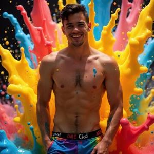 Paint Splat Fun - AI Photos of Hot men having fun with body paint. AI-generated abstract art featuring beautiful, handsome, sexy, shirtless, men, boys, lads, full of excitement joy and fun, covered in body paint, dynamic, interactive, Combining elements of realism with surreal abstract qualities, showcasing the potential of AI, in artistic expression. Photos of guys, just smiling, happy, and having a good time. Most of them are smiling because a paint bomb just blow up next to them, so I'm calling is Abstract Art. When paint attacks and makes people happy, it's Art!