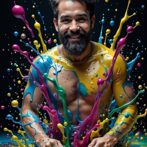 Paint Splat Fun - AI Photos of Hot men having fun with body paint. AI-generated abstract art featuring beautiful, handsome, sexy, shirtless, men, boys, lads, full of excitement joy and fun, covered in body paint, dynamic, interactive, Combining elements of realism with surreal abstract qualities, showcasing the potential of AI, in artistic expression. Photos of guys, just smiling, happy, and having a good time. Most of them are smiling because a paint bomb just blow up next to them, so I'm calling is Abstract Art. When paint attacks and makes people happy, it's Art!