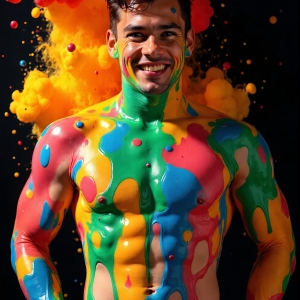 Paint Splat Fun - AI Photos of Hot men having fun with body paint. AI-generated abstract art featuring beautiful, handsome, sexy, shirtless, men, boys, lads, full of excitement joy and fun, covered in body paint, dynamic, interactive, Combining elements of realism with surreal abstract qualities, showcasing the potential of AI, in artistic expression. Photos of guys, just smiling, happy, and having a good time. Most of them are smiling because a paint bomb just blow up next to them, so I'm calling is Abstract Art. When paint attacks and makes people happy, it's Art!