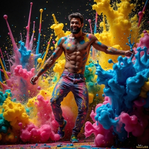 Paint Splat Fun - AI Photos of Hot men having fun with body paint. AI-generated abstract art featuring beautiful, handsome, sexy, shirtless, men, boys, lads, full of excitement joy and fun, covered in body paint, dynamic, interactive, Combining elements of realism with surreal abstract qualities, showcasing the potential of AI, in artistic expression. Photos of guys, just smiling, happy, and having a good time. Most of them are smiling because a paint bomb just blow up next to them, so I'm calling is Abstract Art. When paint attacks and makes people happy, it's Art!