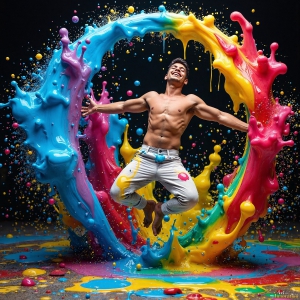 Paint Splat Fun - AI Photos of Hot men having fun with body paint. AI-generated abstract art featuring beautiful, handsome, sexy, shirtless, men, boys, lads, full of excitement joy and fun, covered in body paint, dynamic, interactive, Combining elements of realism with surreal abstract qualities, showcasing the potential of AI, in artistic expression. Photos of guys, just smiling, happy, and having a good time. Most of them are smiling because a paint bomb just blow up next to them, so I'm calling is Abstract Art. When paint attacks and makes people happy, it's Art!