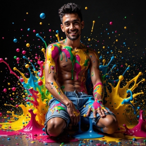 Paint Splat Fun - AI Photos of Hot men having fun with body paint. AI-generated abstract art featuring beautiful, handsome, sexy, shirtless, men, boys, lads, full of excitement joy and fun, covered in body paint, dynamic, interactive, Combining elements of realism with surreal abstract qualities, showcasing the potential of AI, in artistic expression. Photos of guys, just smiling, happy, and having a good time. Most of them are smiling because a paint bomb just blow up next to them, so I'm calling is Abstract Art. When paint attacks and makes people happy, it's Art!