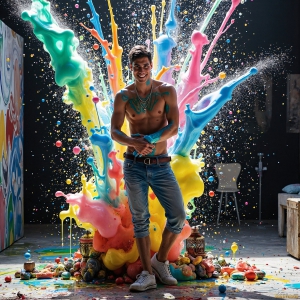 Paint Splat Fun - AI Photos of Hot men having fun with body paint. AI-generated abstract art featuring beautiful, handsome, sexy, shirtless, men, boys, lads, full of excitement joy and fun, covered in body paint, dynamic, interactive, Combining elements of realism with surreal abstract qualities, showcasing the potential of AI, in artistic expression. Photos of guys, just smiling, happy, and having a good time. Most of them are smiling because a paint bomb just blow up next to them, so I'm calling is Abstract Art. When paint attacks and makes people happy, it's Art!