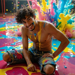 Paint Splat Fun - AI Photos of Hot men having fun with body paint. AI-generated abstract art featuring beautiful, handsome, sexy, shirtless, men, boys, lads, full of excitement joy and fun, covered in body paint, dynamic, interactive, Combining elements of realism with surreal abstract qualities, showcasing the potential of AI, in artistic expression. Photos of guys, just smiling, happy, and having a good time. Most of them are smiling because a paint bomb just blow up next to them, so I'm calling is Abstract Art. When paint attacks and makes people happy, it's Art!