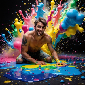Paint Splat Fun - AI Photos of Hot men having fun with body paint. AI-generated abstract art featuring beautiful, handsome, sexy, shirtless, men, boys, lads, full of excitement joy and fun, covered in body paint, dynamic, interactive, Combining elements of realism with surreal abstract qualities, showcasing the potential of AI, in artistic expression. Photos of guys, just smiling, happy, and having a good time. Most of them are smiling because a paint bomb just blow up next to them, so I'm calling is Abstract Art. When paint attacks and makes people happy, it's Art!