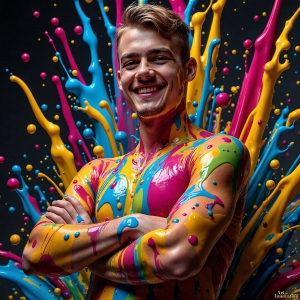 Paint Splat Fun - AI Photos of Hot men having fun with body paint. AI-generated abstract art featuring beautiful, handsome, sexy, shirtless, men, boys, lads, full of excitement joy and fun, covered in body paint, dynamic, interactive, Combining elements of realism with surreal abstract qualities, showcasing the potential of AI, in artistic expression. Photos of guys, just smiling, happy, and having a good time. Most of them are smiling because a paint bomb just blow up next to them, so I'm calling is Abstract Art. When paint attacks and makes people happy, it's Art!