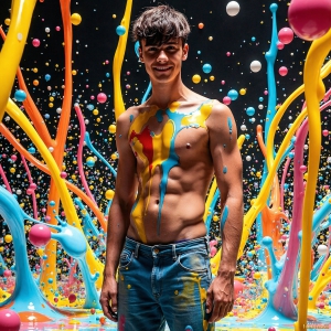 Paint Splat Fun - AI Photos of Hot men having fun with body paint. AI-generated abstract art featuring beautiful, handsome, sexy, shirtless, men, boys, lads, full of excitement joy and fun, covered in body paint, dynamic, interactive, Combining elements of realism with surreal abstract qualities, showcasing the potential of AI, in artistic expression. Photos of guys, just smiling, happy, and having a good time. Most of them are smiling because a paint bomb just blow up next to them, so I'm calling is Abstract Art. When paint attacks and makes people happy, it's Art!