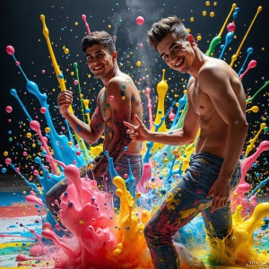 Paint Splat Fun - AI Photos of Hot men having fun with body paint. AI-generated abstract art featuring beautiful, handsome, sexy, shirtless, men, boys, lads, full of excitement joy and fun, covered in body paint, dynamic, interactive, Combining elements of realism with surreal abstract qualities, showcasing the potential of AI, in artistic expression. Photos of guys, just smiling, happy, and having a good time. Most of them are smiling because a paint bomb just blow up next to them, so I'm calling is Abstract Art. When paint attacks and makes people happy, it's Art!