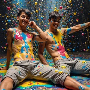 Paint Splat Fun - AI Photos of Hot men having fun with body paint. AI-generated abstract art featuring beautiful, handsome, sexy, shirtless, men, boys, lads, full of excitement joy and fun, covered in body paint, dynamic, interactive, Combining elements of realism with surreal abstract qualities, showcasing the potential of AI, in artistic expression. Photos of guys, just smiling, happy, and having a good time. Most of them are smiling because a paint bomb just blow up next to them, so I'm calling is Abstract Art. When paint attacks and makes people happy, it's Art!