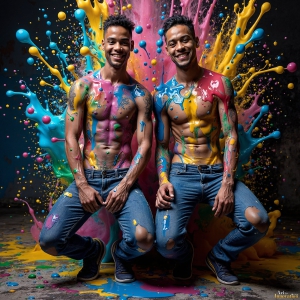 Paint Splat Fun - AI Photos of Hot men having fun with body paint. AI-generated abstract art featuring beautiful, handsome, sexy, shirtless, men, boys, lads, full of excitement joy and fun, covered in body paint, dynamic, interactive, Combining elements of realism with surreal abstract qualities, showcasing the potential of AI, in artistic expression. Photos of guys, just smiling, happy, and having a good time. Most of them are smiling because a paint bomb just blow up next to them, so I'm calling is Abstract Art. When paint attacks and makes people happy, it's Art!