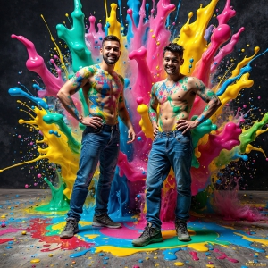 Paint Splat Fun - AI Photos of Hot men having fun with body paint. AI-generated abstract art featuring beautiful, handsome, sexy, shirtless, men, boys, lads, full of excitement joy and fun, covered in body paint, dynamic, interactive, Combining elements of realism with surreal abstract qualities, showcasing the potential of AI, in artistic expression. Photos of guys, just smiling, happy, and having a good time. Most of them are smiling because a paint bomb just blow up next to them, so I'm calling is Abstract Art. When paint attacks and makes people happy, it's Art!