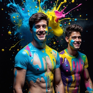 Paint Splat Fun - AI Photos of Hot men having fun with body paint. AI-generated abstract art featuring beautiful, handsome, sexy, shirtless, men, boys, lads, full of excitement joy and fun, covered in body paint, dynamic, interactive, Combining elements of realism with surreal abstract qualities, showcasing the potential of AI, in artistic expression. Photos of guys, just smiling, happy, and having a good time. Most of them are smiling because a paint bomb just blow up next to them, so I'm calling is Abstract Art. When paint attacks and makes people happy, it's Art!