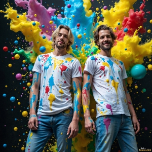 Paint Splat Fun - AI Photos of Hot men having fun with body paint. AI-generated abstract art featuring beautiful, handsome, sexy, shirtless, men, boys, lads, full of excitement joy and fun, covered in body paint, dynamic, interactive, Combining elements of realism with surreal abstract qualities, showcasing the potential of AI, in artistic expression. Photos of guys, just smiling, happy, and having a good time. Most of them are smiling because a paint bomb just blow up next to them, so I'm calling is Abstract Art. When paint attacks and makes people happy, it's Art!