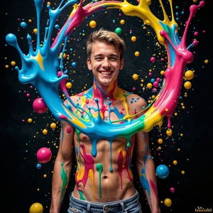Paint Splat Fun - AI Photos of Hot men having fun with body paint. AI-generated abstract art featuring beautiful, handsome, sexy, shirtless, men, boys, lads, full of excitement joy and fun, covered in body paint, dynamic, interactive, Combining elements of realism with surreal abstract qualities, showcasing the potential of AI, in artistic expression. Photos of guys, just smiling, happy, and having a good time. Most of them are smiling because a paint bomb just blow up next to them, so I'm calling is Abstract Art. When paint attacks and makes people happy, it's Art!