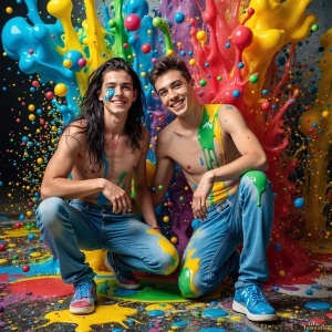 Paint Splat Fun - AI Photos of Hot men having fun with body paint. AI-generated abstract art featuring beautiful, handsome, sexy, shirtless, men, boys, lads, full of excitement joy and fun, covered in body paint, dynamic, interactive, Combining elements of realism with surreal abstract qualities, showcasing the potential of AI, in artistic expression. Photos of guys, just smiling, happy, and having a good time. Most of them are smiling because a paint bomb just blow up next to them, so I'm calling is Abstract Art. When paint attacks and makes people happy, it's Art!