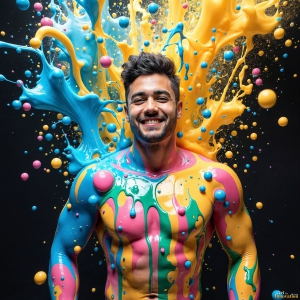Paint Splat Fun - AI Photos of Hot men having fun with body paint. AI-generated abstract art featuring beautiful, handsome, sexy, shirtless, men, boys, lads, full of excitement joy and fun, covered in body paint, dynamic, interactive, Combining elements of realism with surreal abstract qualities, showcasing the potential of AI, in artistic expression. Photos of guys, just smiling, happy, and having a good time. Most of them are smiling because a paint bomb just blow up next to them, so I'm calling is Abstract Art. When paint attacks and makes people happy, it's Art!