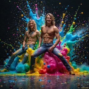 Paint Splat Fun - AI Photos of Hot men having fun with body paint. AI-generated abstract art featuring beautiful, handsome, sexy, shirtless, men, boys, lads, full of excitement joy and fun, covered in body paint, dynamic, interactive, Combining elements of realism with surreal abstract qualities, showcasing the potential of AI, in artistic expression. Photos of guys, just smiling, happy, and having a good time. Most of them are smiling because a paint bomb just blow up next to them, so I'm calling is Abstract Art. When paint attacks and makes people happy, it's Art!