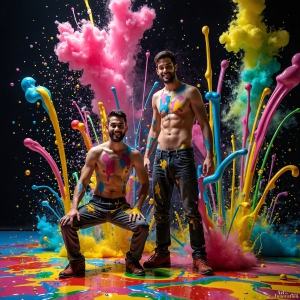 Paint Splat Fun - AI Photos of Hot men having fun with body paint. AI-generated abstract art featuring beautiful, handsome, sexy, shirtless, men, boys, lads, full of excitement joy and fun, covered in body paint, dynamic, interactive, Combining elements of realism with surreal abstract qualities, showcasing the potential of AI, in artistic expression. Photos of guys, just smiling, happy, and having a good time. Most of them are smiling because a paint bomb just blow up next to them, so I'm calling is Abstract Art. When paint attacks and makes people happy, it's Art!