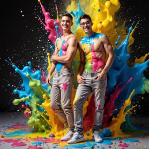 Paint Splat Fun - AI Photos of Hot men having fun with body paint. AI-generated abstract art featuring beautiful, handsome, sexy, shirtless, men, boys, lads, full of excitement joy and fun, covered in body paint, dynamic, interactive, Combining elements of realism with surreal abstract qualities, showcasing the potential of AI, in artistic expression. Photos of guys, just smiling, happy, and having a good time. Most of them are smiling because a paint bomb just blow up next to them, so I'm calling is Abstract Art. When paint attacks and makes people happy, it's Art!