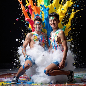 Paint Splat Fun - AI Photos of Hot men having fun with body paint. AI-generated abstract art featuring beautiful, handsome, sexy, shirtless, men, boys, lads, full of excitement joy and fun, covered in body paint, dynamic, interactive, Combining elements of realism with surreal abstract qualities, showcasing the potential of AI, in artistic expression. Photos of guys, just smiling, happy, and having a good time. Most of them are smiling because a paint bomb just blow up next to them, so I'm calling is Abstract Art. When paint attacks and makes people happy, it's Art!