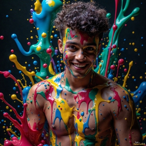 Paint Splat Fun - AI Photos of Hot men having fun with body paint. AI-generated abstract art featuring beautiful, handsome, sexy, shirtless, men, boys, lads, full of excitement joy and fun, covered in body paint, dynamic, interactive, Combining elements of realism with surreal abstract qualities, showcasing the potential of AI, in artistic expression. Photos of guys, just smiling, happy, and having a good time. Most of them are smiling because a paint bomb just blow up next to them, so I'm calling is Abstract Art. When paint attacks and makes people happy, it's Art!