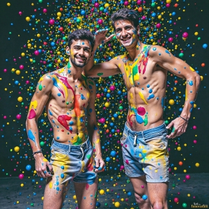 Paint Splat Fun - AI Photos of Hot men having fun with body paint. AI-generated abstract art featuring beautiful, handsome, sexy, shirtless, men, boys, lads, full of excitement joy and fun, covered in body paint, dynamic, interactive, Combining elements of realism with surreal abstract qualities, showcasing the potential of AI, in artistic expression. Photos of guys, just smiling, happy, and having a good time. Most of them are smiling because a paint bomb just blow up next to them, so I'm calling is Abstract Art. When paint attacks and makes people happy, it's Art!