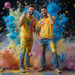 Paint Splat Fun - AI Photos of Hot men having fun with body paint. AI-generated abstract art featuring beautiful, handsome, sexy, shirtless, men, boys, lads, full of excitement joy and fun, covered in body paint, dynamic, interactive, Combining elements of realism with surreal abstract qualities, showcasing the potential of AI, in artistic expression. Photos of guys, just smiling, happy, and having a good time. Most of them are smiling because a paint bomb just blow up next to them, so I'm calling is Abstract Art. When paint attacks and makes people happy, it's Art!