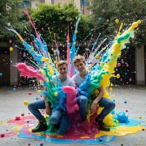 Paint Splat Fun - AI Photos of Hot men having fun with body paint. AI-generated abstract art featuring beautiful, handsome, sexy, shirtless, men, boys, lads, full of excitement joy and fun, covered in body paint, dynamic, interactive, Combining elements of realism with surreal abstract qualities, showcasing the potential of AI, in artistic expression. Photos of guys, just smiling, happy, and having a good time. Most of them are smiling because a paint bomb just blow up next to them, so I'm calling is Abstract Art. When paint attacks and makes people happy, it's Art!