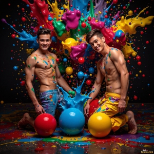 Paint Splat Fun - AI Photos of Hot men having fun with body paint. AI-generated abstract art featuring beautiful, handsome, sexy, shirtless, men, boys, lads, full of excitement joy and fun, covered in body paint, dynamic, interactive, Combining elements of realism with surreal abstract qualities, showcasing the potential of AI, in artistic expression. Photos of guys, just smiling, happy, and having a good time. Most of them are smiling because a paint bomb just blow up next to them, so I'm calling is Abstract Art. When paint attacks and makes people happy, it's Art!