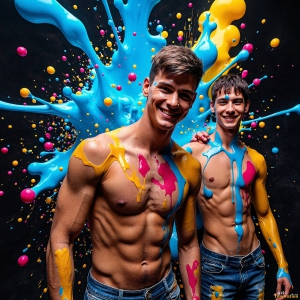Paint Splat Fun - AI Photos of Hot men having fun with body paint. AI-generated abstract art featuring beautiful, handsome, sexy, shirtless, men, boys, lads, full of excitement joy and fun, covered in body paint, dynamic, interactive, Combining elements of realism with surreal abstract qualities, showcasing the potential of AI, in artistic expression. Photos of guys, just smiling, happy, and having a good time. Most of them are smiling because a paint bomb just blow up next to them, so I'm calling is Abstract Art. When paint attacks and makes people happy, it's Art!