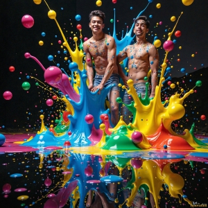 Paint Splat Fun - AI Photos of Hot men having fun with body paint. AI-generated abstract art featuring beautiful, handsome, sexy, shirtless, men, boys, lads, full of excitement joy and fun, covered in body paint, dynamic, interactive, Combining elements of realism with surreal abstract qualities, showcasing the potential of AI, in artistic expression. Photos of guys, just smiling, happy, and having a good time. Most of them are smiling because a paint bomb just blow up next to them, so I'm calling is Abstract Art. When paint attacks and makes people happy, it's Art!