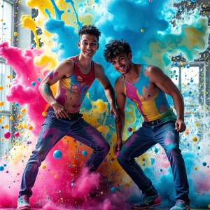 Paint Splat Fun - AI Photos of Hot men having fun with body paint. AI-generated abstract art featuring beautiful, handsome, sexy, shirtless, men, boys, lads, full of excitement joy and fun, covered in body paint, dynamic, interactive, Combining elements of realism with surreal abstract qualities, showcasing the potential of AI, in artistic expression. Photos of guys, just smiling, happy, and having a good time. Most of them are smiling because a paint bomb just blow up next to them, so I'm calling is Abstract Art. When paint attacks and makes people happy, it's Art!