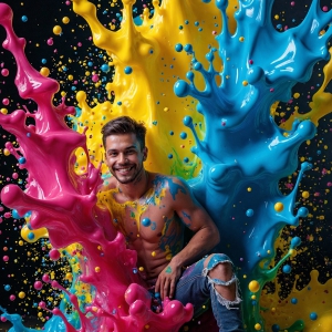 Paint Splat Fun - AI Photos of Hot men having fun with body paint. AI-generated abstract art featuring beautiful, handsome, sexy, shirtless, men, boys, lads, full of excitement joy and fun, covered in body paint, dynamic, interactive, Combining elements of realism with surreal abstract qualities, showcasing the potential of AI, in artistic expression. Photos of guys, just smiling, happy, and having a good time. Most of them are smiling because a paint bomb just blow up next to them, so I'm calling is Abstract Art. When paint attacks and makes people happy, it's Art!