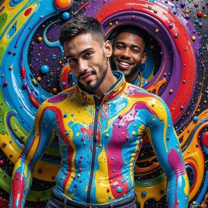 Paint Splat Fun - AI Photos of Hot men having fun with body paint. AI-generated abstract art featuring beautiful, handsome, sexy, shirtless, men, boys, lads, full of excitement joy and fun, covered in body paint, dynamic, interactive, Combining elements of realism with surreal abstract qualities, showcasing the potential of AI, in artistic expression. Photos of guys, just smiling, happy, and having a good time. Most of them are smiling because a paint bomb just blow up next to them, so I'm calling is Abstract Art. When paint attacks and makes people happy, it's Art!
