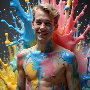Paint Splat Fun - AI Photos of Hot men having fun with body paint. AI-generated abstract art featuring beautiful, handsome, sexy, shirtless, men, boys, lads, full of excitement joy and fun, covered in body paint, dynamic, interactive, Combining elements of realism with surreal abstract qualities, showcasing the potential of AI, in artistic expression. Photos of guys, just smiling, happy, and having a good time. Most of them are smiling because a paint bomb just blow up next to them, so I'm calling is Abstract Art. When paint attacks and makes people happy, it's Art!